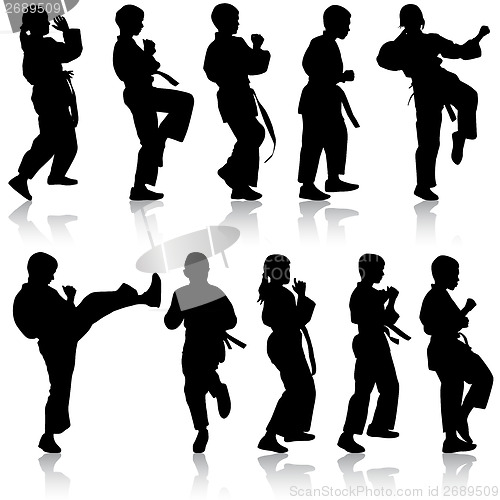 Image of Set of black silhouettes of karate. Sport vector illustration.