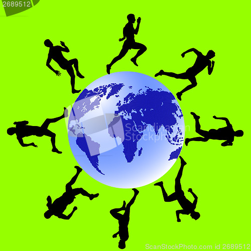 Image of Silhouettes, athletes run around the globe. vector illustration.