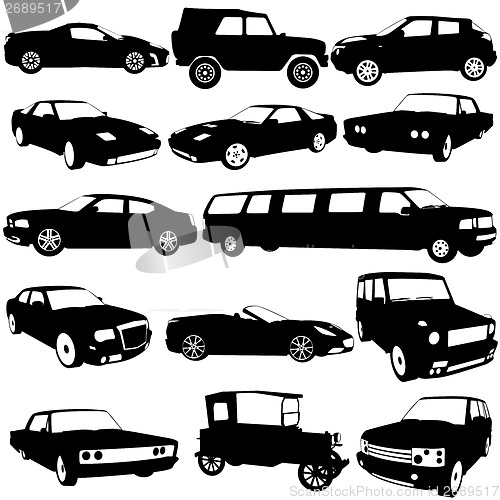Image of Set black silhouettes of different types of the cars on white ba