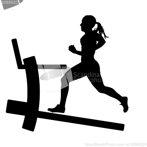 Image of Silhouettes, girl running on the treadmill. vector illustration.