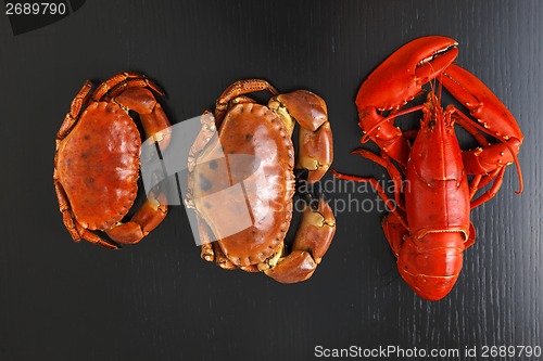 Image of Top view of Boiled Atlantic Lobster and crabs