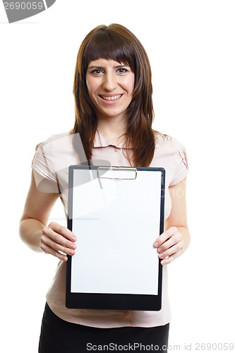 Image of Smiling confident girl with a folder on a white background