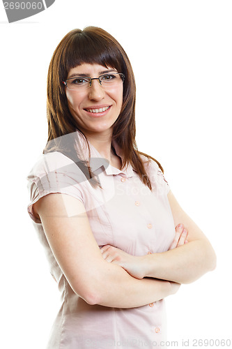 Image of Smiling confident girl in glasses on white background