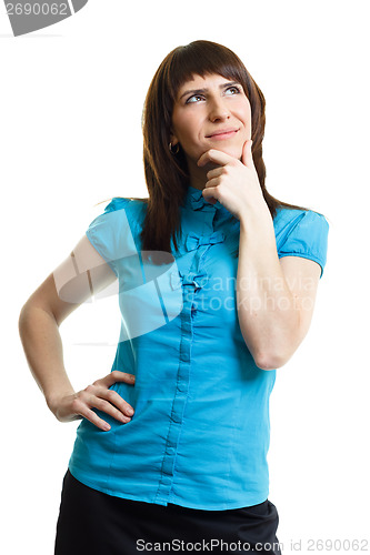 Image of Smiling attractive girl dreams isolated on white background