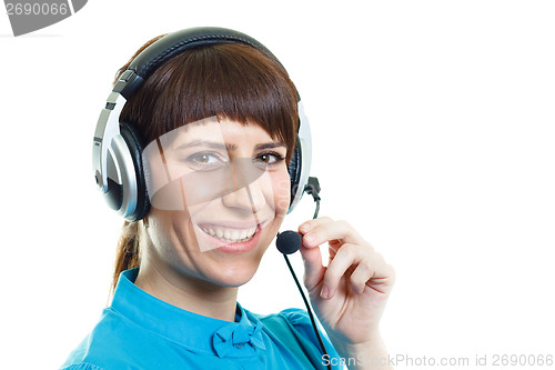Image of Smiling confident girl with headphones microphone on white backg