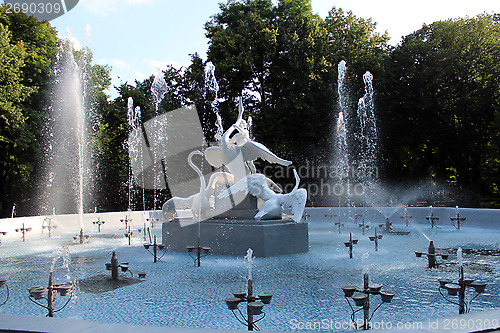Image of fountains with beautiful swans in the park of Lvov