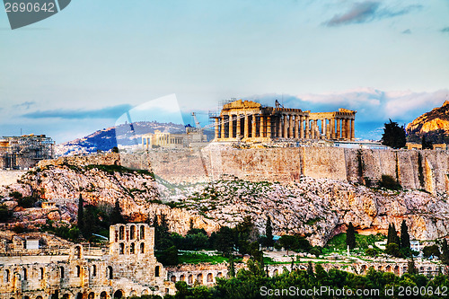 Image of Acropolis in Athens, Greece in the evening