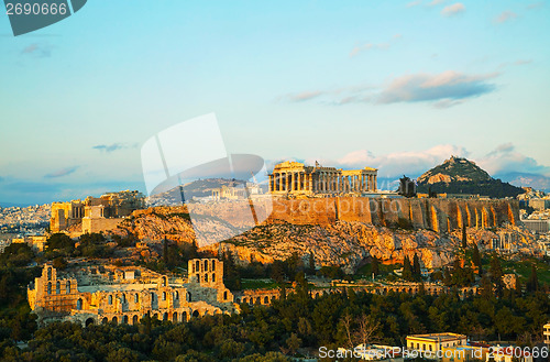 Image of Acropolis in Athens, Greece in the evening