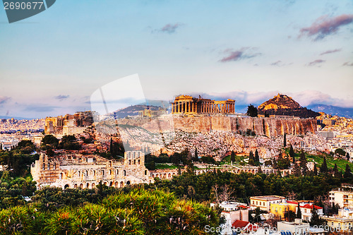 Image of Acropolis in Athens, Greece in the evening