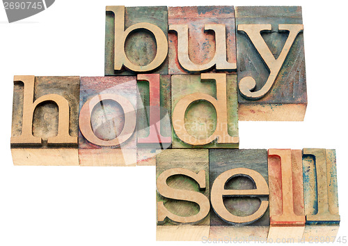 Image of buy, hold, sell in wood type