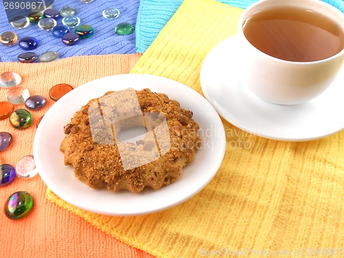 Image of Breakfast with cake and cup of tea (coffee) and stone set