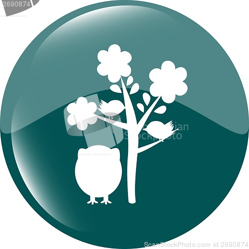 Image of button with owl and tree, isolated on white