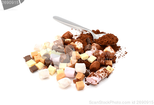 Image of Marshmallows, fudge and caramel pieces with cocoa powder