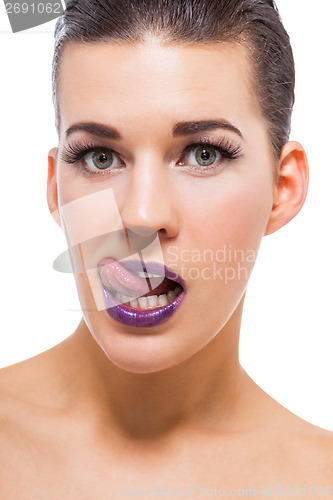 Image of Graceful attractive woman with purple lips and nails