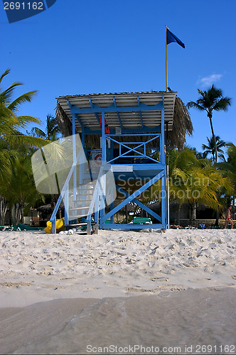 Image of  lifeguard chair  cloud people coastline and summer 