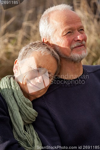 Image of happy senior couple relaxing together in the sunshine