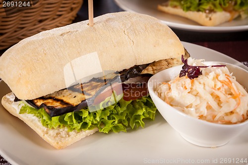 Image of delicious vegan vegetarian burger with grilled eggplant