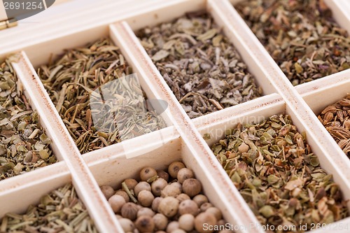 Image of Tray with assorted dried spices and herbs