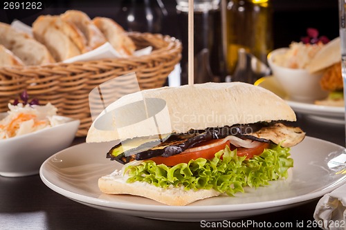 Image of delicious vegan vegetarian burger with grilled eggplant