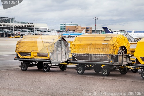 Image of Trolleys loaded with luggage at an airport