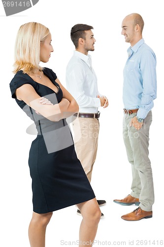 Image of young happy business woman team in background