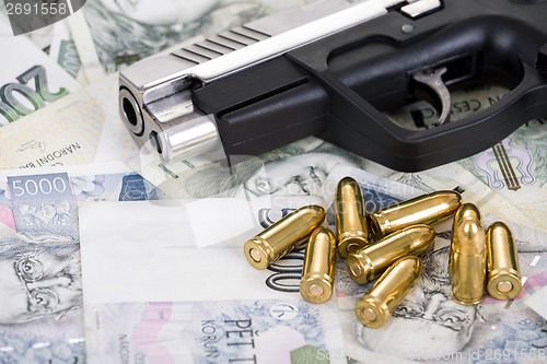 Image of gun with bullet on czech banknotes