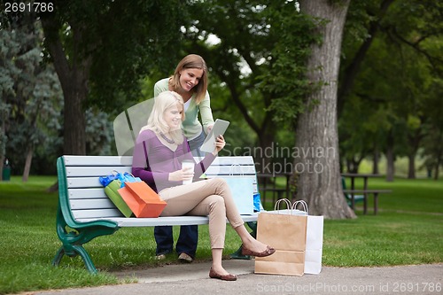 Image of Women With Shopping Bags Using Tablet PC At Park