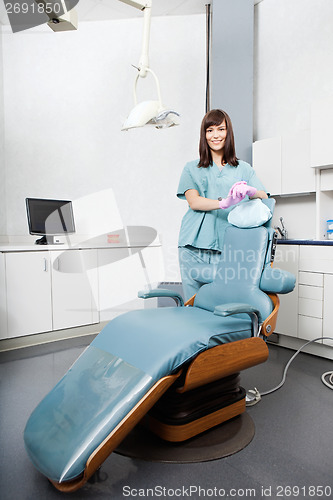 Image of Female Dentist Standing By Dental Chair At Clinic