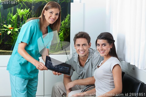 Image of Dentist Showing Dental X-Ray To Couple