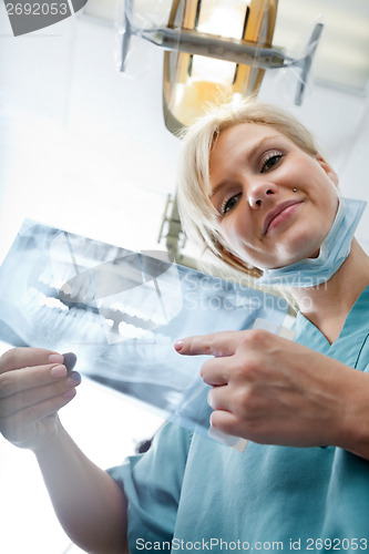 Image of Female Dentist Showing X-Ray Image At Clinic