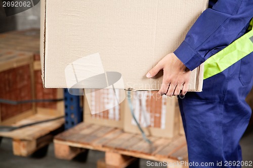 Image of Foreman Carrying Cardboard Box At Warehouse