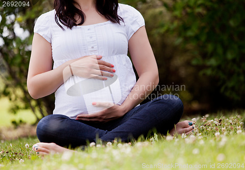 Image of Faceless Pregnant Woman in Park