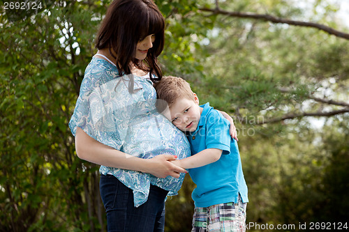 Image of Son Listening to Pregnant Mother's Belly