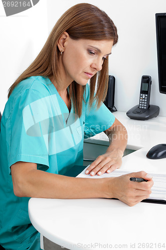 Image of Dentist Analyzing Report In Clinic