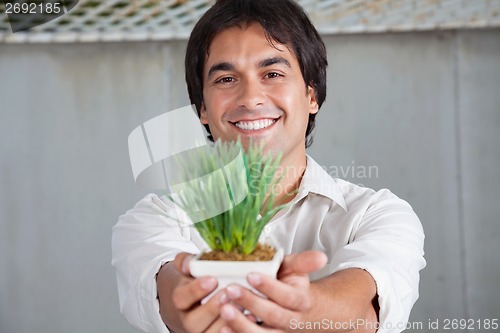 Image of Happy Man Holding Plant