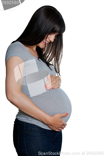 Image of Happy Pregnant Woman With Hands On Stomach