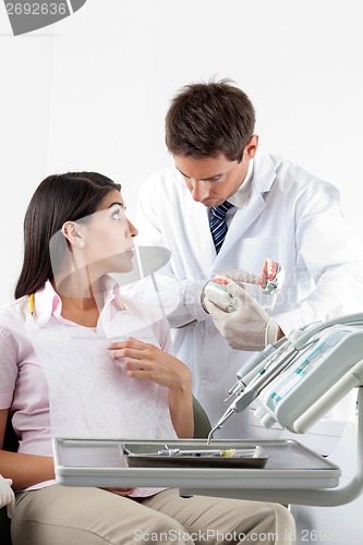 Image of Dentist Using Teeth Model While Explaining Dental Procedure
