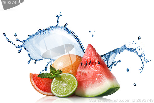 Image of Watermelon, grapefruit and lime with mint and water splash isola