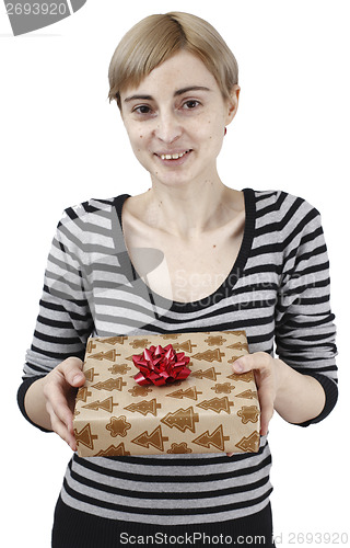 Image of Young woman holding a present