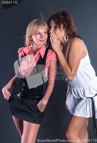 Image of Pretty girl whispering in friends ear