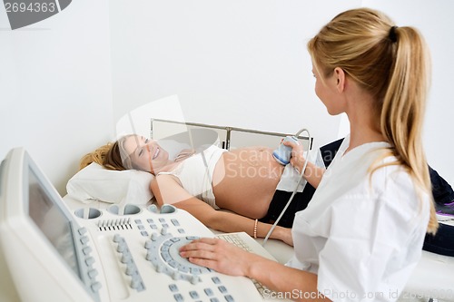 Image of Pregnant Woman Getting Ultrasound From Female Doctor