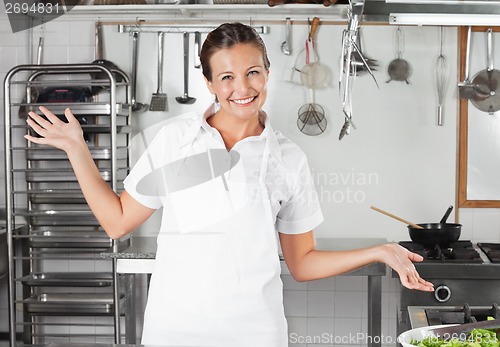 Image of Female Chef Gesturing In Kitchen