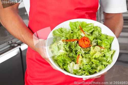 Image of Chef Presenting Salad In Kitchen