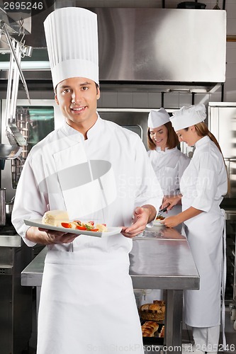 Image of Chef Presenting Dish In Commercial Kitchen