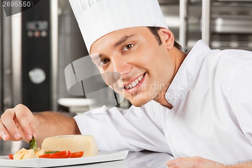 Image of Happy Male Chef Garnishing Dish