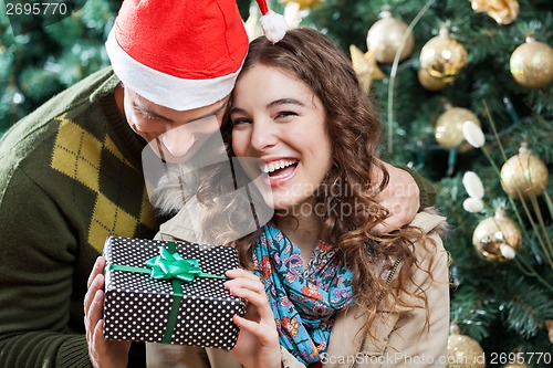 Image of Cheerful Couple With Christmas Present In Store