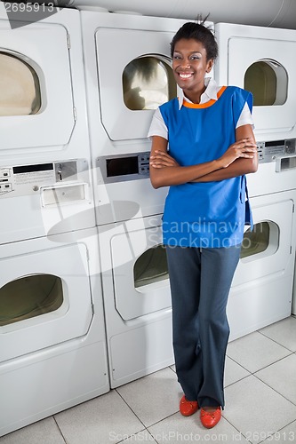 Image of Confident Female Helper Standing By Dryers