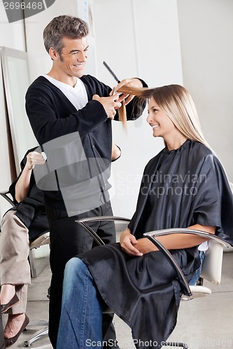 Image of Hairstylist Cutting Customer's Hair In Parlor