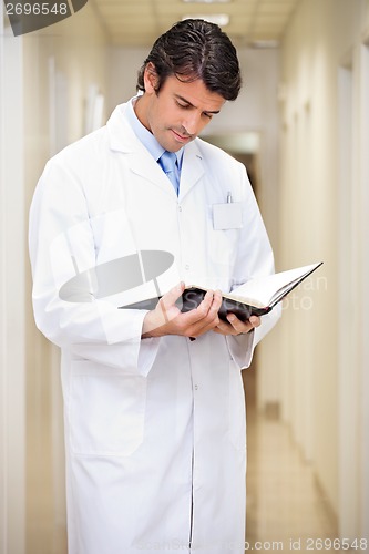 Image of Doctor Reading Journal In Hospital Corridor