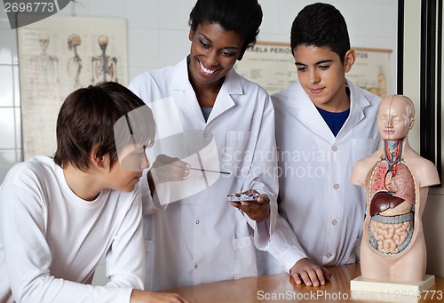 Image of Teacher With Male Students Experimenting At Desk